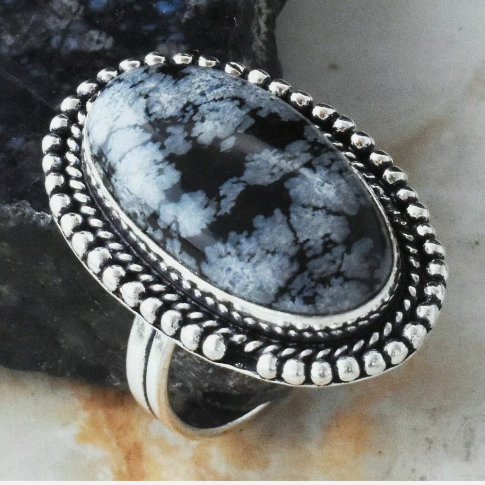 New Snowflake Obsidian 925 Silver Ring.